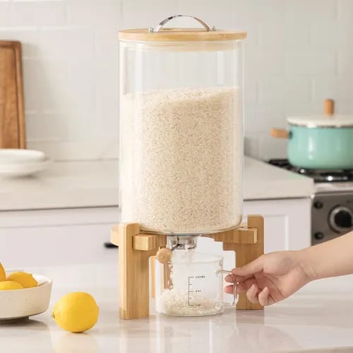 DISPENZADOR DE GRANOS CRISTAL CON BASE BAMBU 8KL
