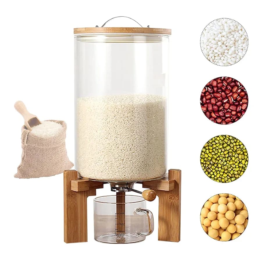 DISPENZADOR DE GRANOS CRISTAL CON BASE BAMBU 8KL