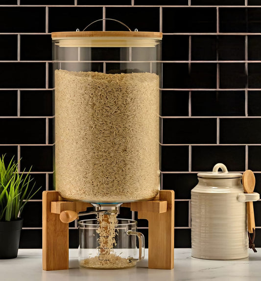 DISPENZADOR DE GRANOS CRISTAL CON BASE BAMBU 8KL