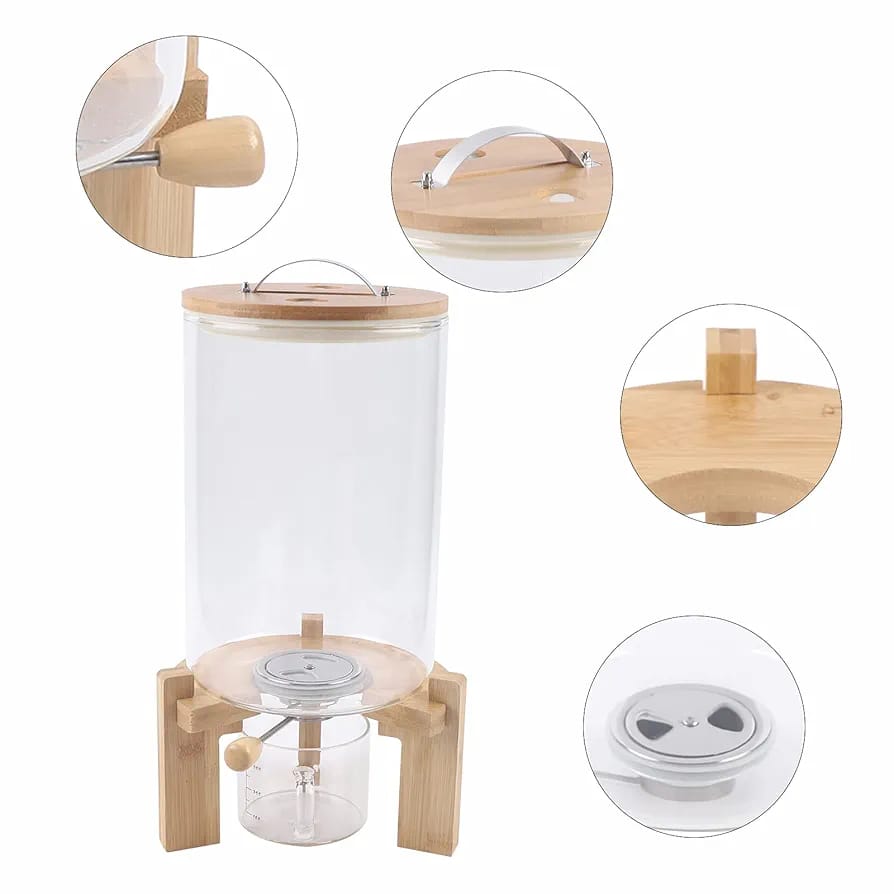 DISPENZADOR DE GRANOS CRISTAL CON BASE BAMBU 8KL