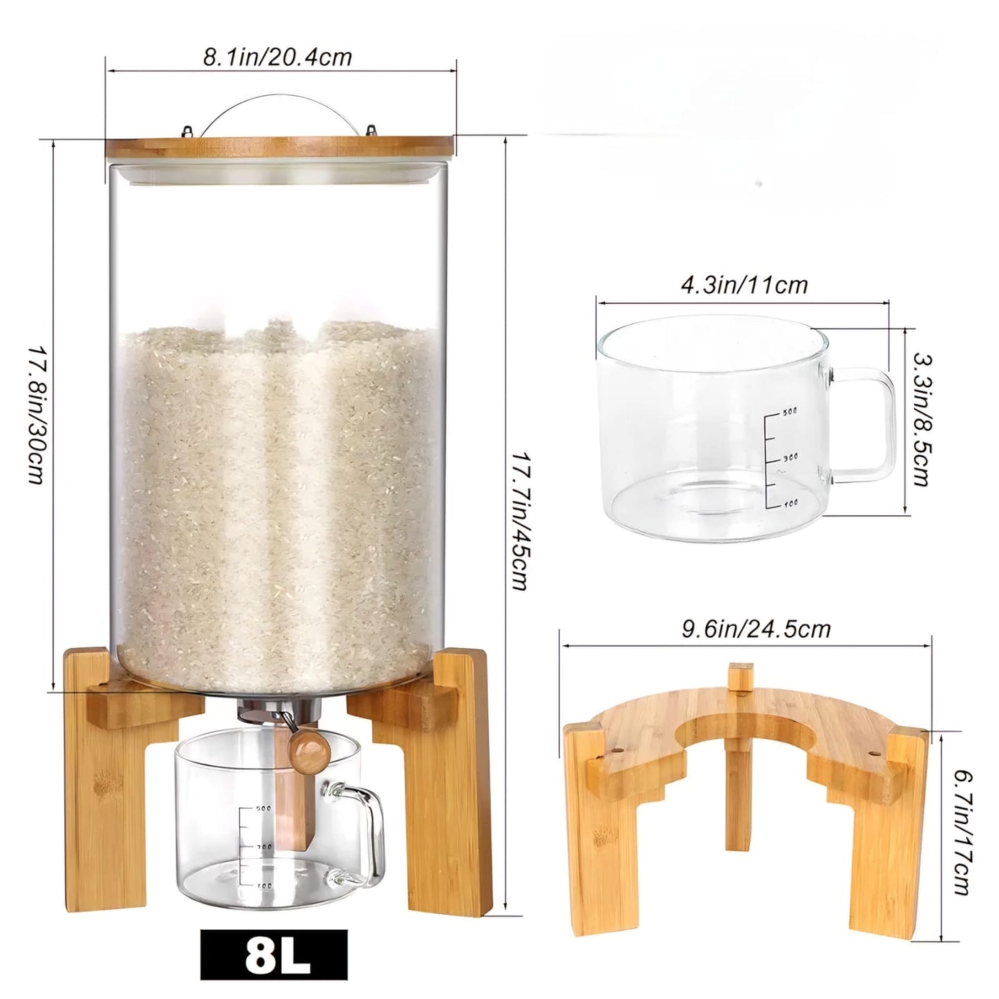 DISPENZADOR DE GRANOS CRISTAL CON BASE BAMBU 8KL